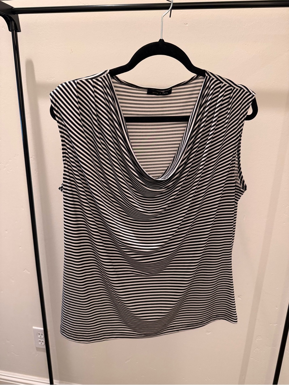 Sleeveless Black and White Striped Cowl Neck Blouse